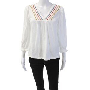 WYSE London Women's V-Neck Long Sleeves Cotton Scallop Blouse White Size 1